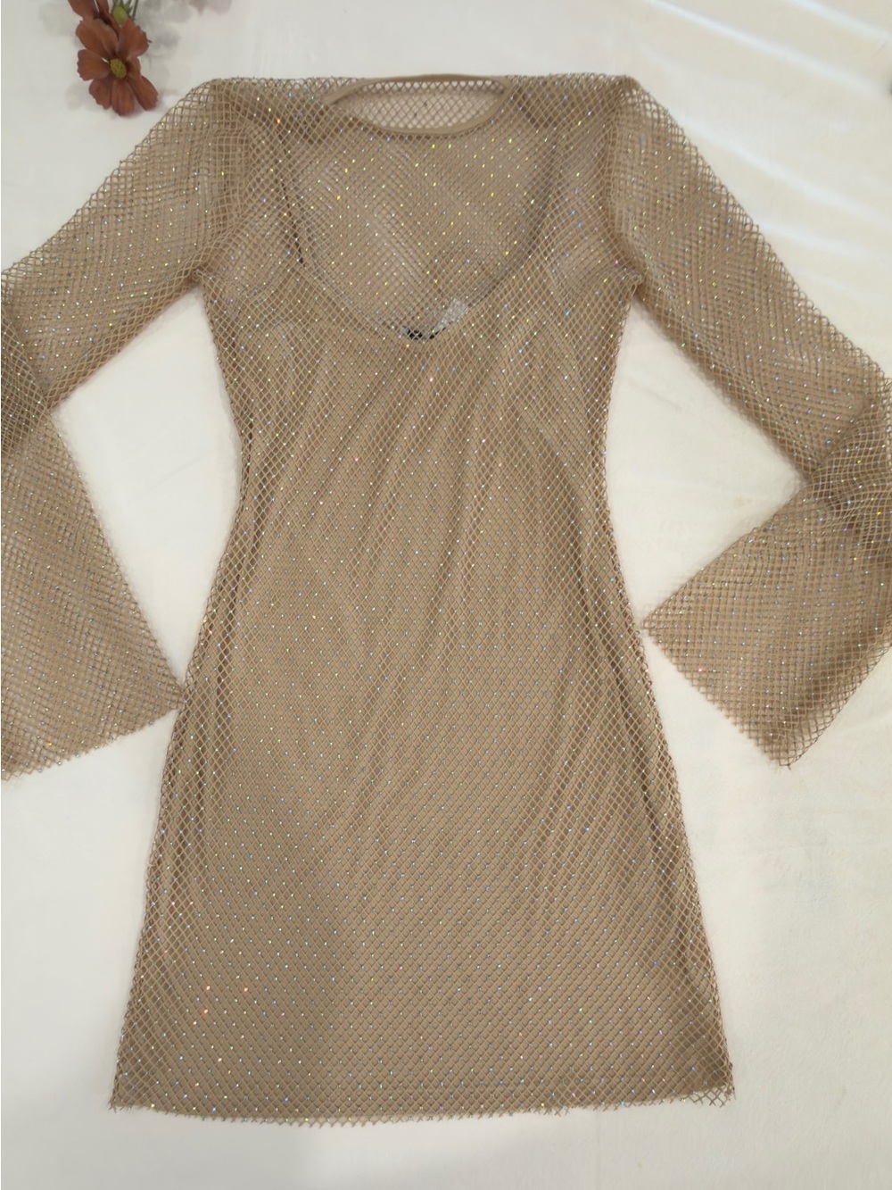 Sincerly Jules Champagne Gold Mesh Long-Sleeve Mini Dress - Picture 4 of 8